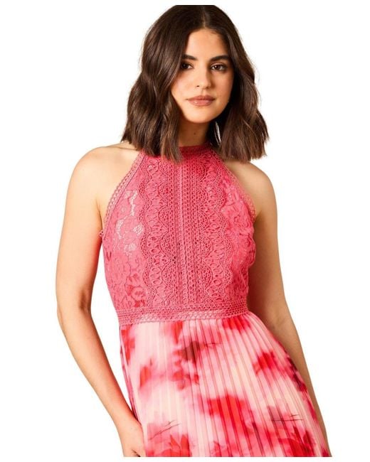 Oasis Red Printed Lace Mix Halterneck Midi Dress