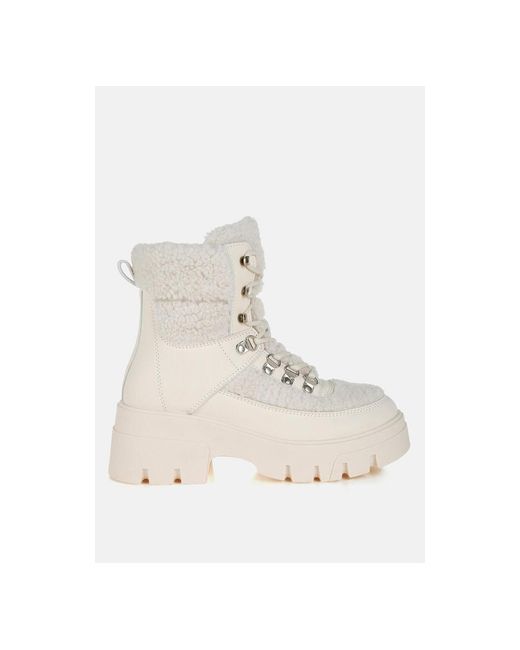 LONDON RAG Women's Natural Wellerman Faux Fur Detail Chunky Hiker Boots