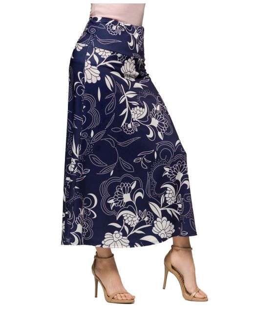 24seven Comfort Apparel Blue Navy Floral Print Elastic Waist A Line Maxi Skirt