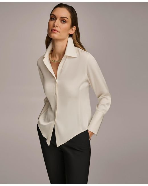 Donna Karan Natural Petite Button Front Point Hem Top