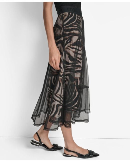 DKNY Black Printed Mesh Layered Midi Skirt