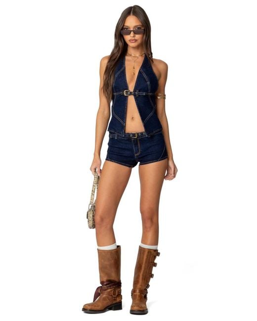 Edikted Blue Ciel Split Front Denim Halter Top