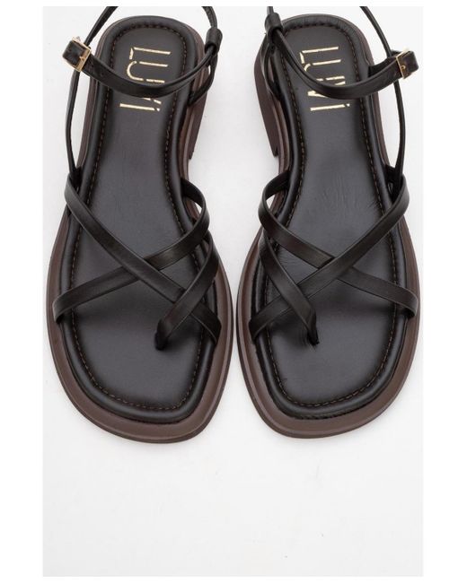 Forever & Always Shoes Black Antas Strappy Leather Flat Sandals ()