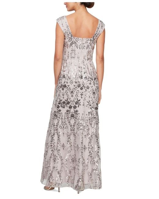 Alex Evenings Gray Petite Sequined Embroidered Gown