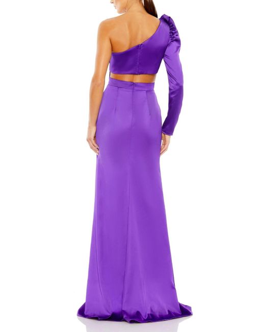 Mac Duggal Purple Ieena Puff One Sleeve Cut Out Side Knot Gown