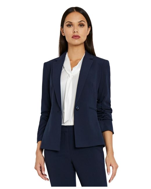 Tahari Blue Ruched-sleeve One-button Blazer