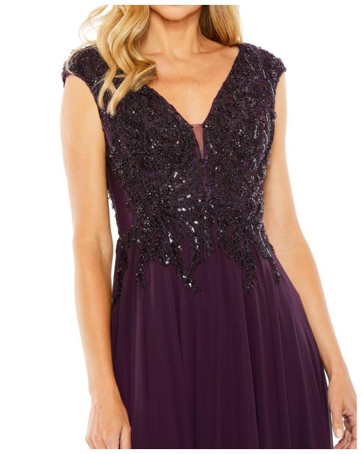 Mac Duggal Purple Appliqued Cap Sleeve Bodice Flowy Gown