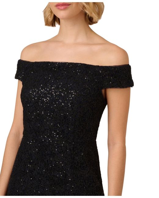 Adrianna Papell Black Corded Off-the-shoulder Sequin Gown