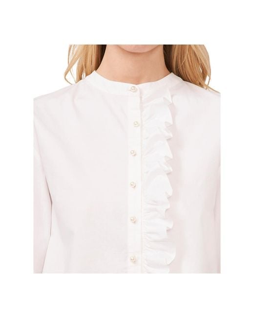 Cece White Ruffled Button-front Long-sleeve Cropped Blouse