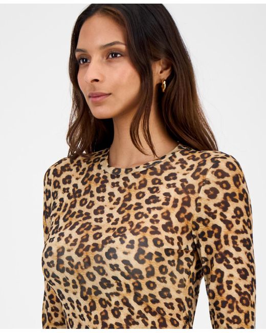 BarIII Brown Print Mesh Long-sleeve Top
