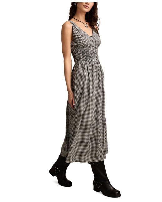 Lucky Brand Black Cotton V-neck Smocked-waist Midi Dress