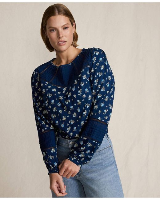 Lands' End Blue Plus Size Long Sleeve Slub Pintuck Top