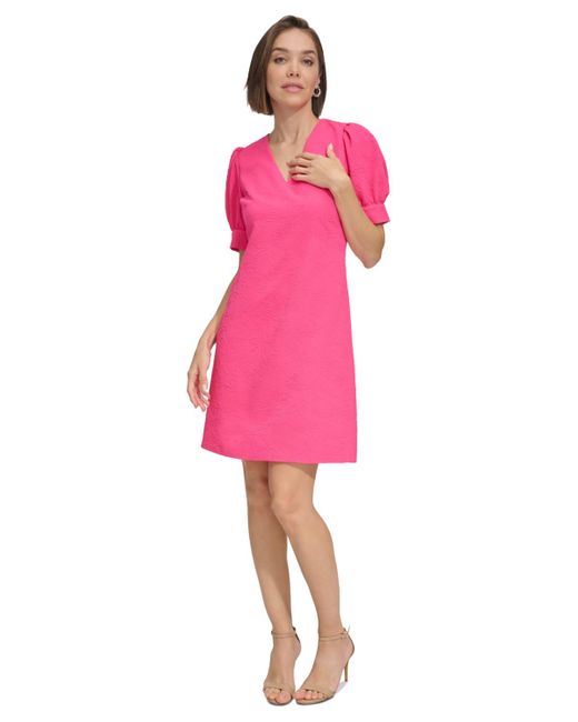 Tommy Hilfiger Pink Petite Puff-sleeve Jacquard Dress