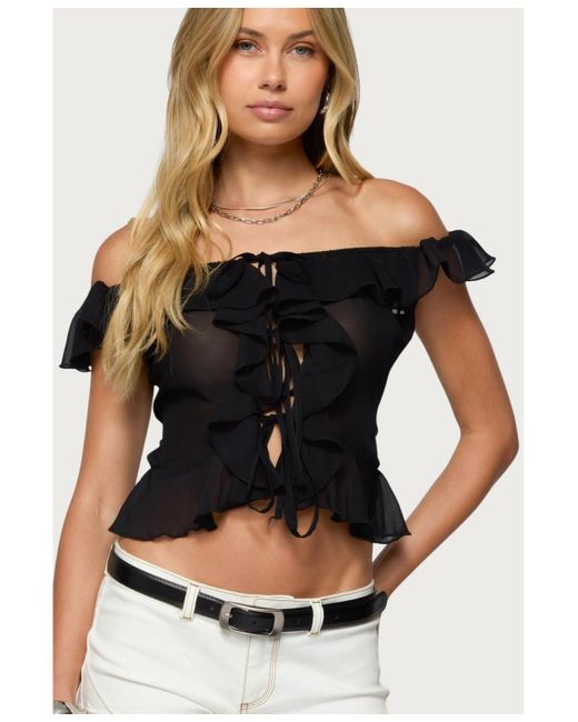 Edikted Black Sheer Chiffon Ruffled Off Shoulder Top
