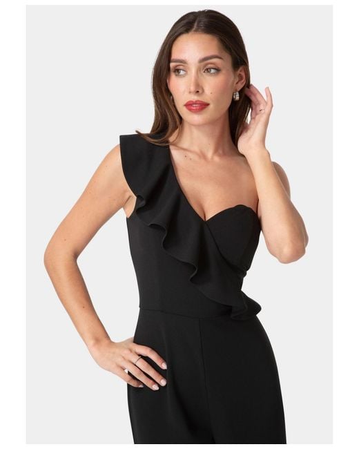 Bebe Black One Shoulder Ruffle Jumpsuit