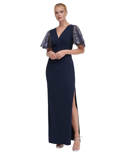 DKNY Blue V-neck Sequin Flutter-sleeve Gown