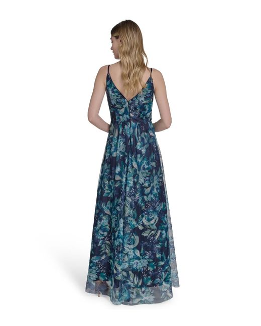 Eliza J Blue Embroidered Sequined Sleeveless Ball Gown
