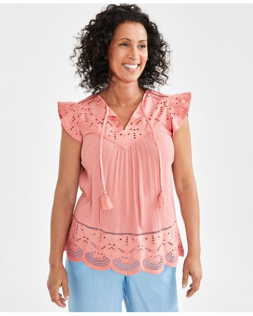 Style & Co. Red Petite Lace-trim Mixed Media Top