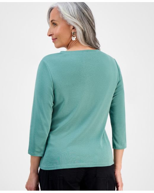Style & Co. Green Petite Cotton Knit Henley 3/4-sleeve Top