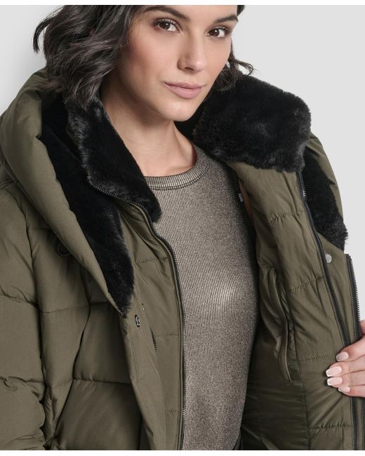 DKNY Green Belted Asymmetrical Zip Front Puffer Coat