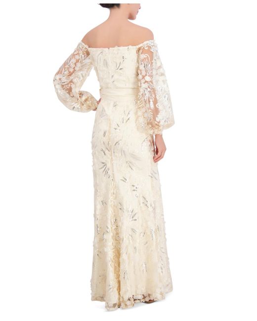Eliza J Natural Sequin Embroidered Balloon-sleeve Gown