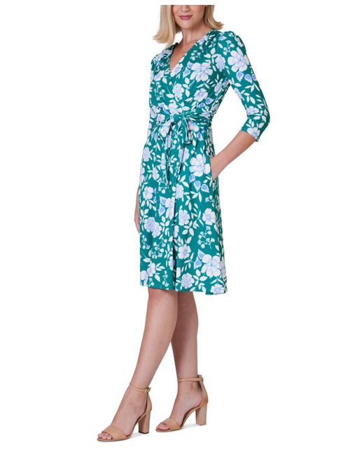 Jessica Howard Blue Floral-print 3/4-sleeve Wrap Dress