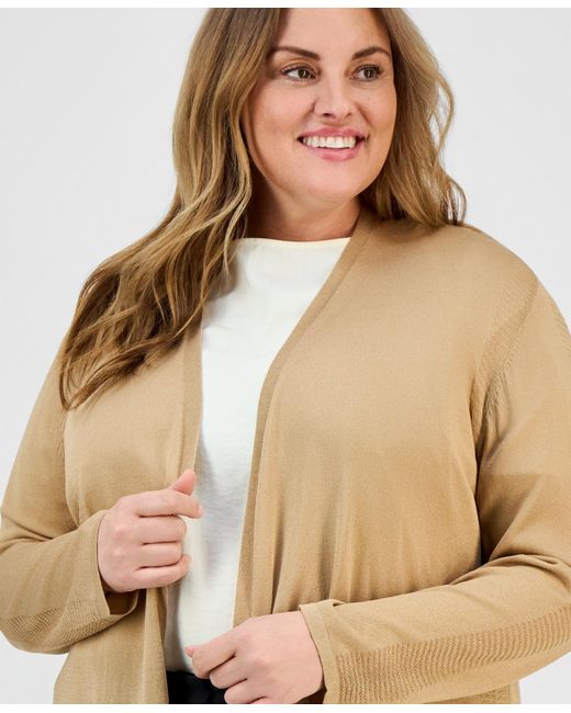 Kasper Natural Plus Size Open-front Stitch-detail Sweater