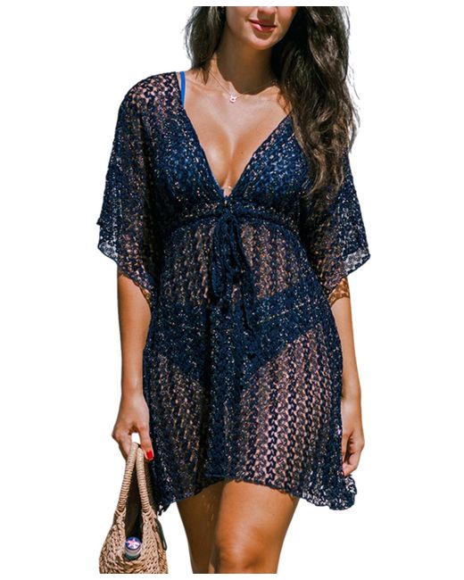 CUPSHE Blue Plunging Waist Tie Kimono Cover-up
