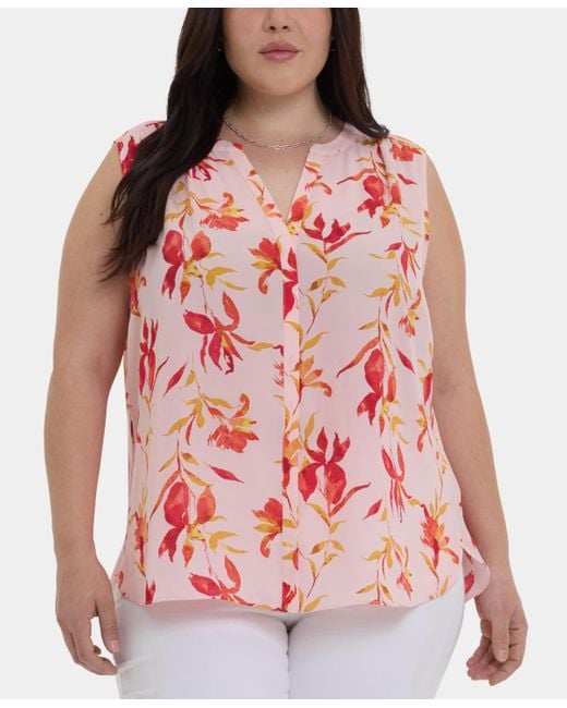 NYDJ Red Plus Size Sleeveless Pintuck Split Neck Top