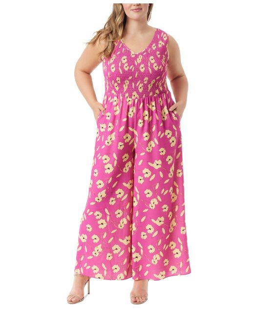 Jessica Simpson Pink Trendy Plus Size Smocked Top Jumpsuit