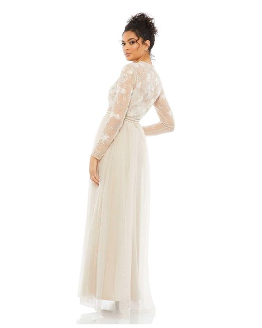 Mac Duggal Embellished Illusion High Neck Long Sleeve Gown in White | Lyst