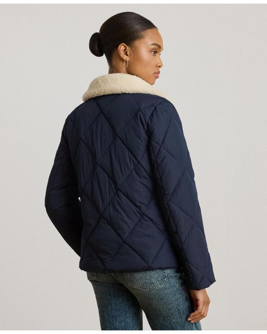 Ralph Lauren Blue Faux-fur-collar Diamond Quilted Jacket