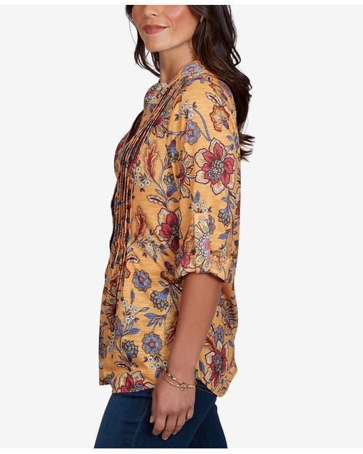 Ruby Rd Orange Petite Vines Henley 3/4-sleeve Button-front Top