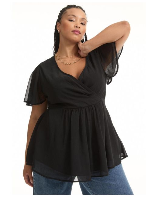 June + Vie Black June + Vie Plus Size Faux Wrap Fit-and-flare Top
