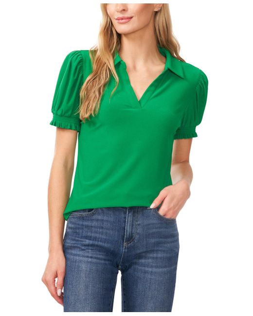 Cece Green Collared Split-neck Short-sleeve Knit Top