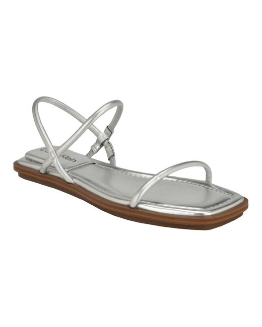 Calvin Klein White Prue Sqaure Toe Strappy Flat Sandals