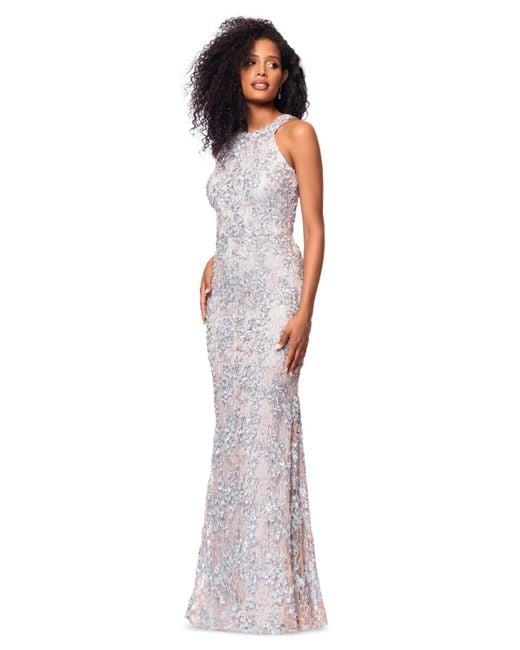 Xscape White Petite High-neck Sleeveless Lace Sheath Gown