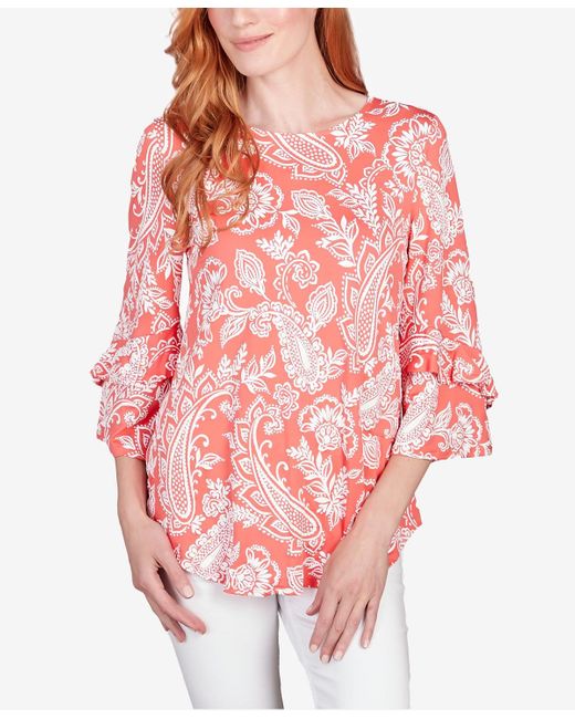 Ruby Rd Red Petite Monotone Paisley Puff Print Party Top