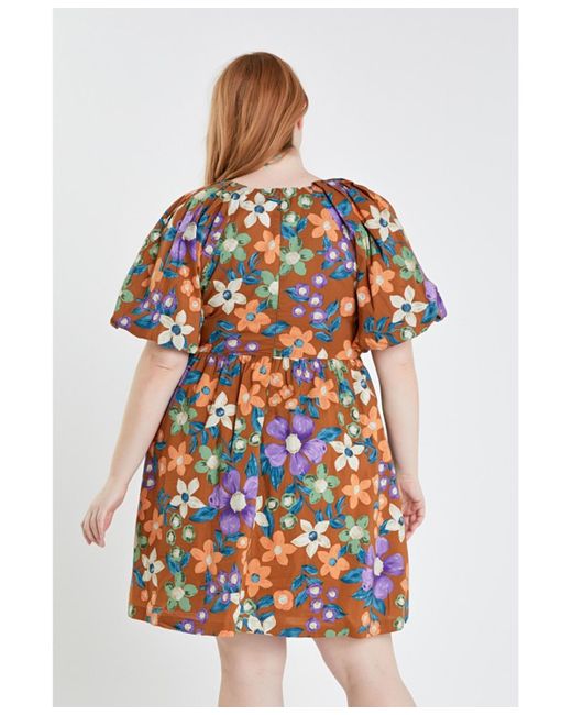 English Factory Multicolor Plus Size Floral Puffy Sleeve Mini Dress
