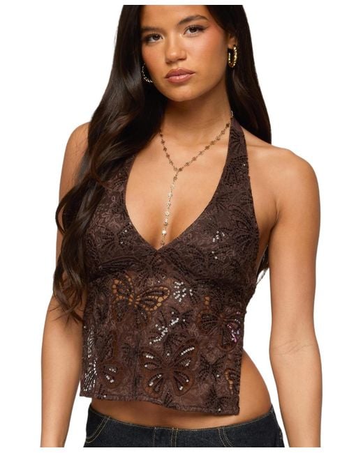 Edikted Brown Butterfly Sequin Backless Halter Top