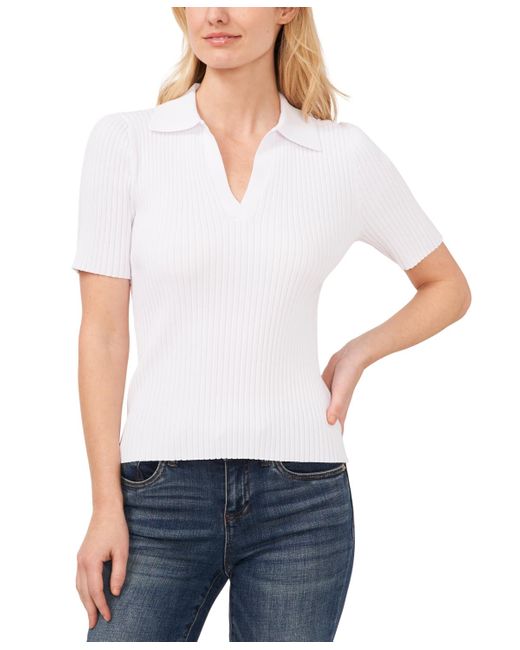 Cece Short-sleeve Rib-knit Polo Sweater in White | Lyst
