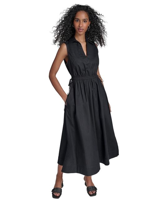 Calvin Klein Black Cotton Drawstring Sleeveless Midi Dress