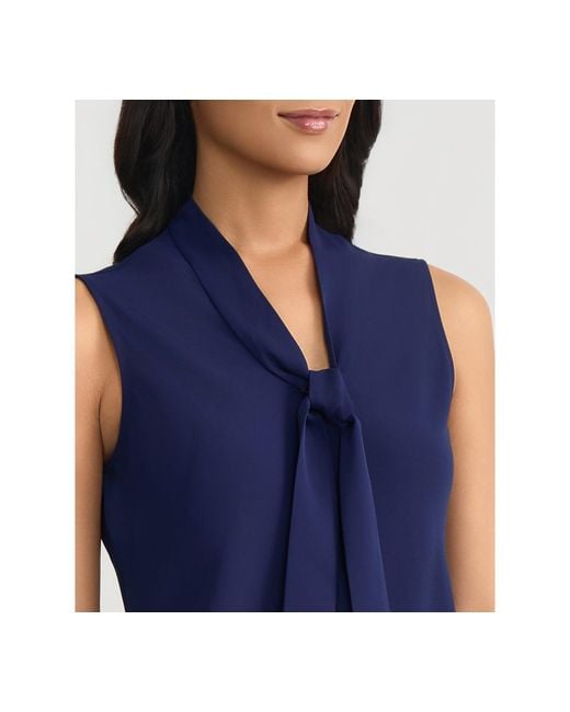 Kasper Blue Solid Sleeveless Tie-neck Blouse