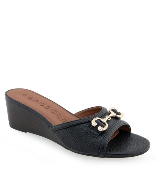 Aerosoles Black Wava Round Toe Wedge Sandals