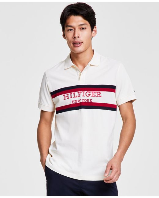 Tommy Hilfiger White Regular-fit Colorblocked Stripe Monotype Logo Embroidered Polo Shirt for men