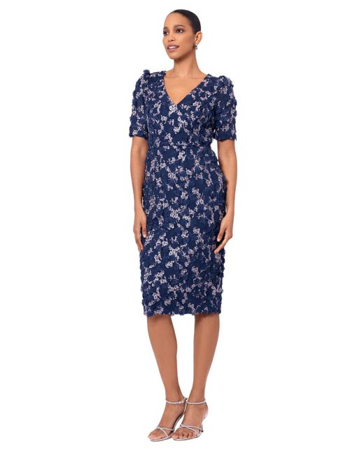 Xscape Blue Petite 3d-flower Short-sleeve Sheath Dress