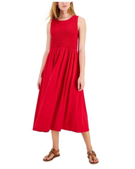 Tommy Hilfiger Red Logo Solid-color Smocked Sleeveless Dress