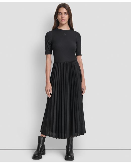 DKNY Ballet Sleeve Pleated Midi Dress in Black