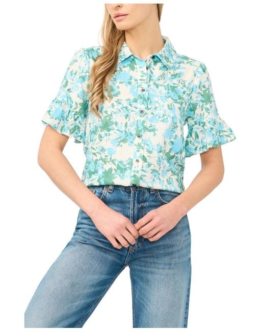 Cece Blue Short-sleeve Button-down Cropped Top
