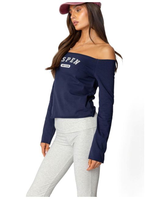 Edikted Blue Aspen Ski Club Off Shoulder Top
